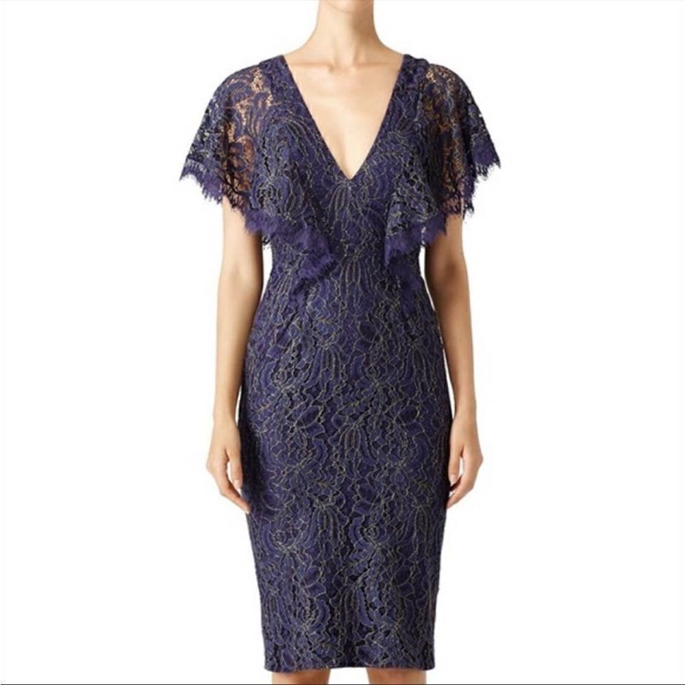 Dress the Population Navy Gold Flutter Sleeve Sheath Dress Small